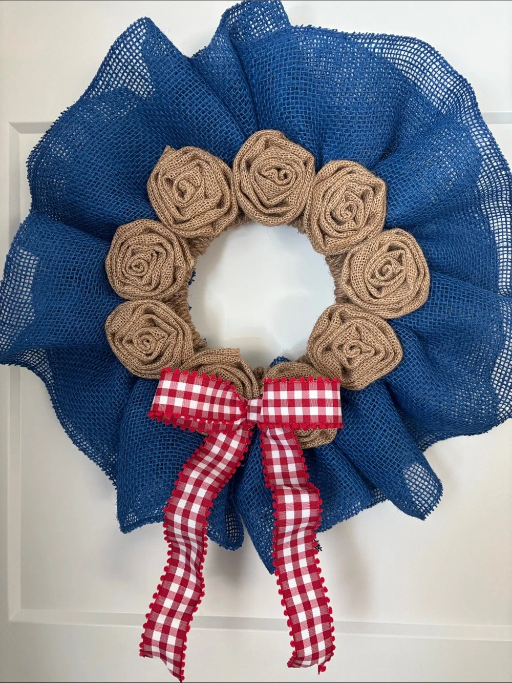 Hand Crafted Blue Burlap Wreath with Tan Rosettes and Red Gingham Bow Accent